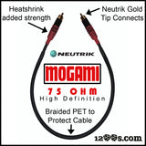 (RED) 75 OHM MOGAMI RCA / Phono Interconnect Cable with NEUTRIK Gold Tips & Braided PET