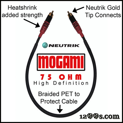 (RED) 75 OHM MOGAMI RCA / Phono Interconnect Cable with NEUTRIK Gold Tips & Braided PET