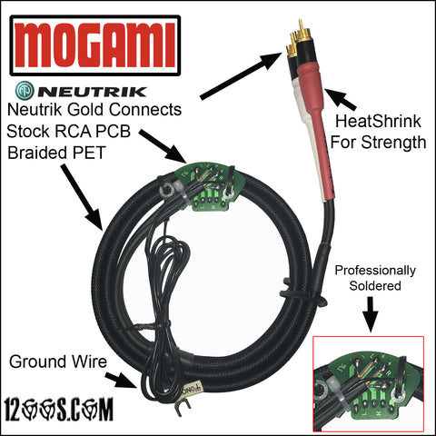 MOGAMI RCA / Phono Cable with NEUTRIK Gold Tip Connects, Ground Wire & Stock PCB