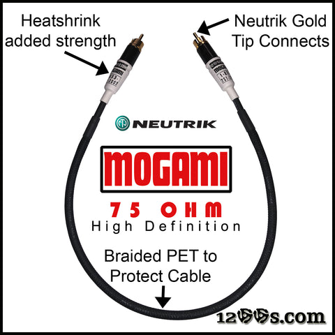 (WHITE) 75 OHM MOGAMI RCA / Phono Interconnect Cable with NEUTRIK Gold Tips & Braided PET